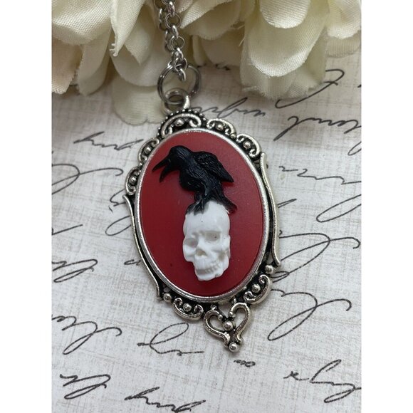 Silver Blk Red Gothic Crow Raven Rose Skull Wedding Party Jewelry necklace Cameo - Picture 4 of 13